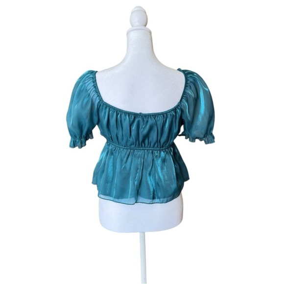 Thirty Thirty Teal Sheer Satin Puff Sleeve Peplum Blouse Size M - Picture 3 of 5
